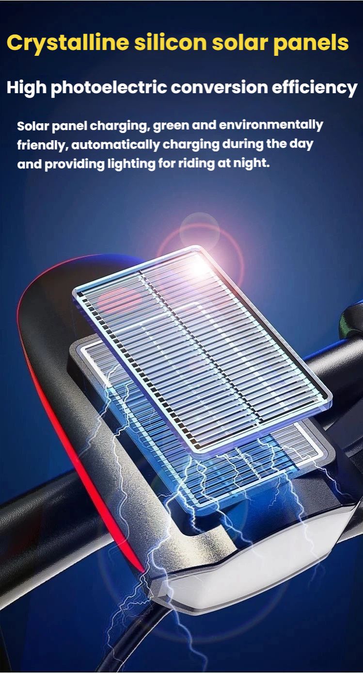 Solar rechargeable bicycle headlights, riding flashlights, waterproof headlights, horn lights, mountain bike night riding lights, USB charging outdoor