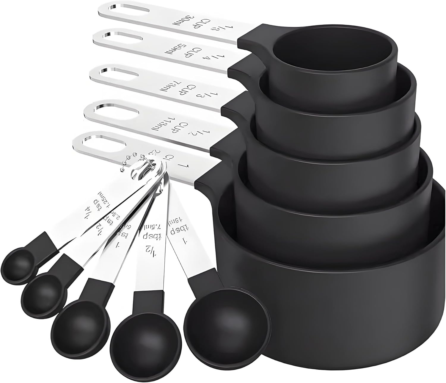 Measuring cup and spoon kitchen gadget set of 10 pieces, stackable stainless steel handle, measuring cup for measuring dry ingredients and liquid ingredients, suitable for baking, kitchen and cooking