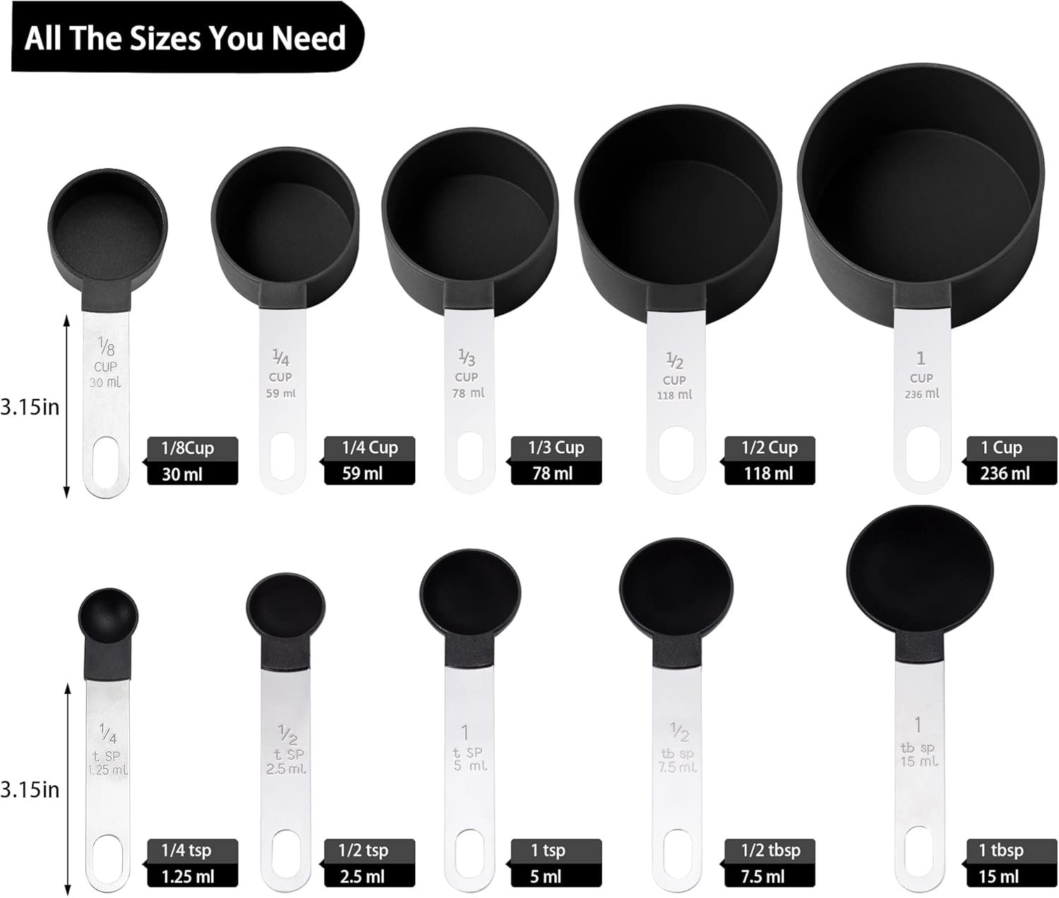 Measuring cup and spoon kitchen gadget set of 10 pieces, stackable stainless steel handle, measuring cup for measuring dry ingredients and liquid ingredients, suitable for baking, kitchen and cooking