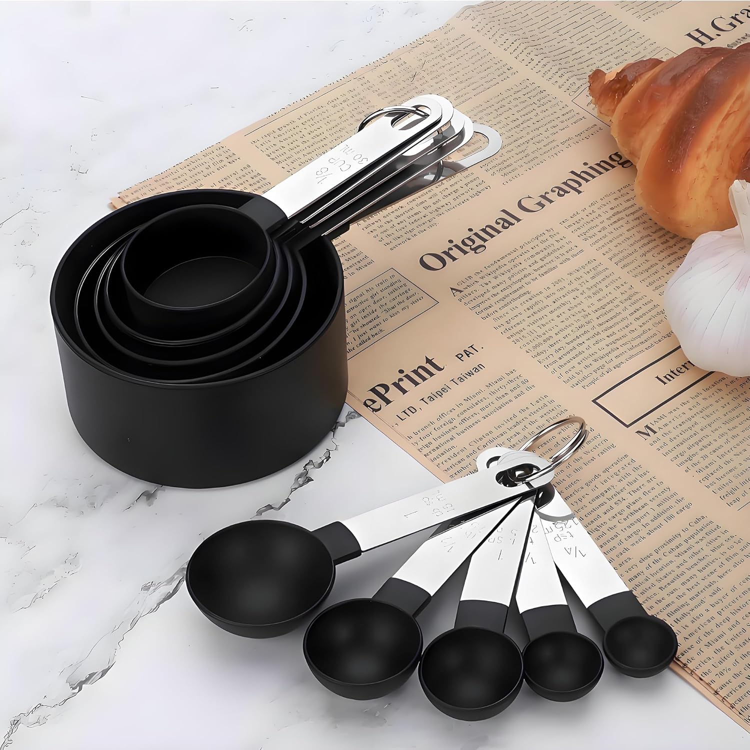 Measuring cup and spoon kitchen gadget set of 10 pieces, stackable stainless steel handle, measuring cup for measuring dry ingredients and liquid ingredients, suitable for baking, kitchen and cooking