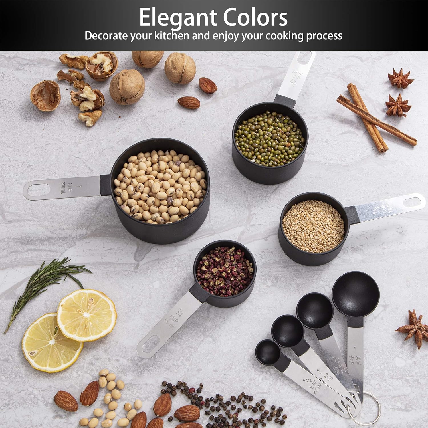 Measuring cup and spoon kitchen gadget set of 10 pieces, stackable stainless steel handle, measuring cup for measuring dry ingredients and liquid ingredients, suitable for baking, kitchen and cooking