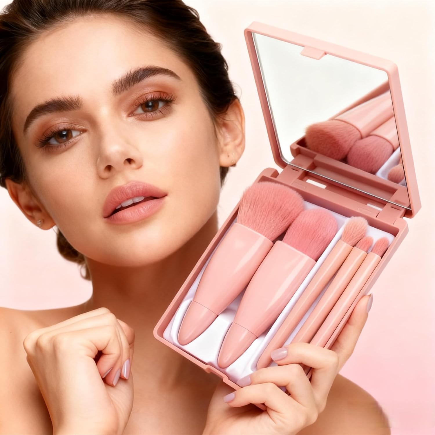 5 easy-to-carry travel makeup brush sets, including mirror, boxed makeup brush set, multi-function powder brush, blush brush with mirror box, mini multi-function powder brush, foundation brush, eyesha