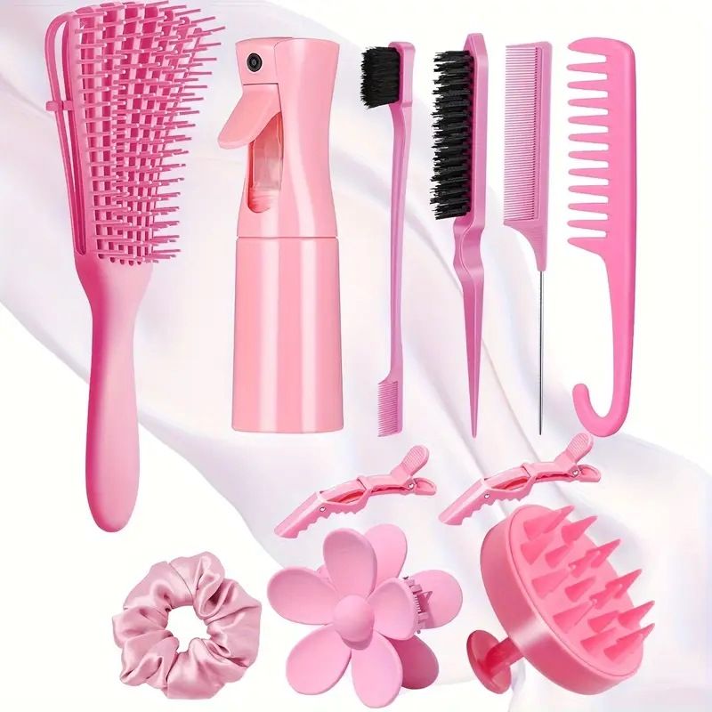 11 Pcs Hair Brush Set with Hair Spray Bottle for Toddlers, Women, Detangling Brush for Wet Dry Curly Hair, Edge Bristles Wide Tooth Rat Tail Combs for Baby Girls (pink)