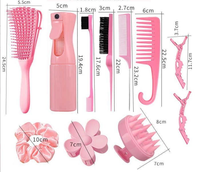 11 Pcs Hair Brush Set with Hair Spray Bottle for Toddlers, Women, Detangling Brush for Wet Dry Curly Hair, Edge Bristles Wide Tooth Rat Tail Combs for Baby Girls (pink)