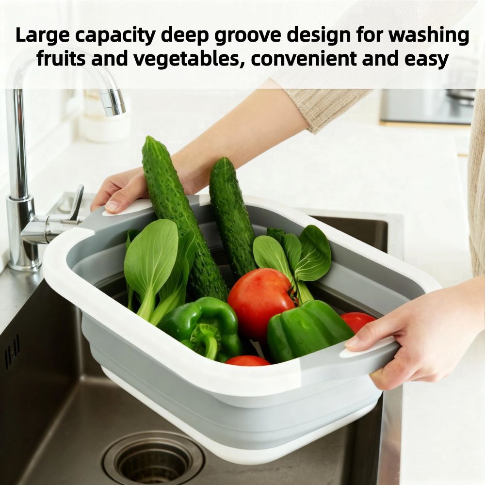 Collapsible Cutting Board, Foldable Camping Dishes Sink Space Saving 3 in 1 Multifunction Storage Basket for BBQ Prep/Picnic/Camping (Grey)