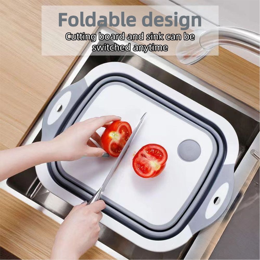 Collapsible Cutting Board, Foldable Camping Dishes Sink Space Saving 3 in 1 Multifunction Storage Basket for BBQ Prep/Picnic/Camping (Grey)