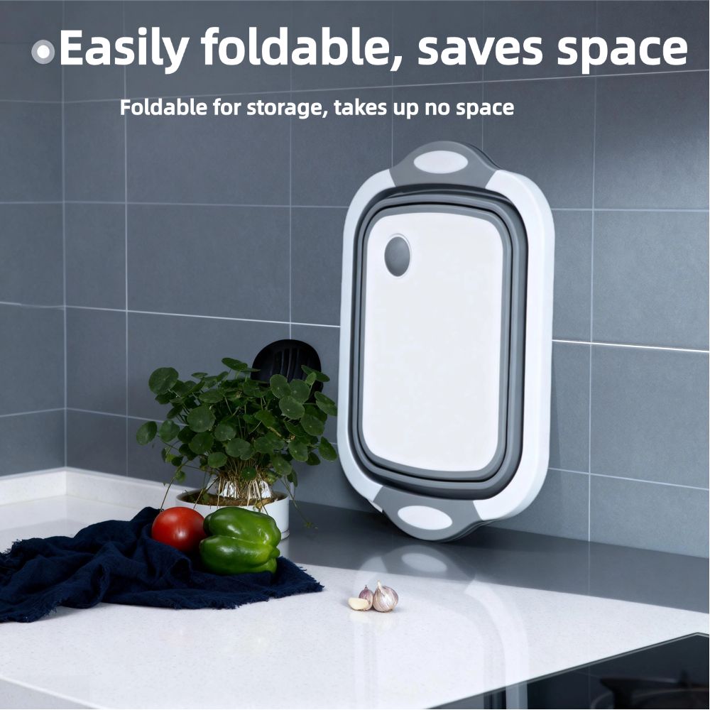 Collapsible Cutting Board, Foldable Camping Dishes Sink Space Saving 3 in 1 Multifunction Storage Basket for BBQ Prep/Picnic/Camping (Grey)