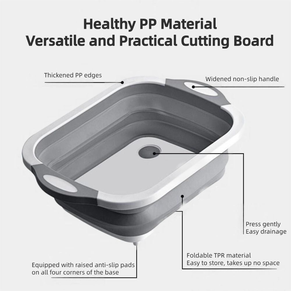 Collapsible Cutting Board, Foldable Camping Dishes Sink Space Saving 3 in 1 Multifunction Storage Basket for BBQ Prep/Picnic/Camping (Grey)