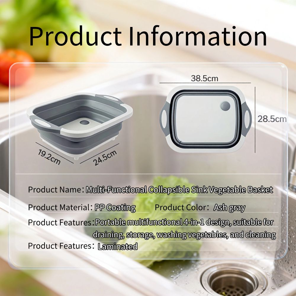 Collapsible Cutting Board, Foldable Camping Dishes Sink Space Saving 3 in 1 Multifunction Storage Basket for BBQ Prep/Picnic/Camping (Grey)