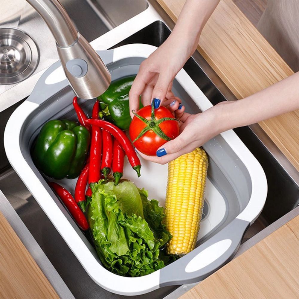 Collapsible Cutting Board, Foldable Camping Dishes Sink Space Saving 3 in 1 Multifunction Storage Basket for BBQ Prep/Picnic/Camping (Grey)