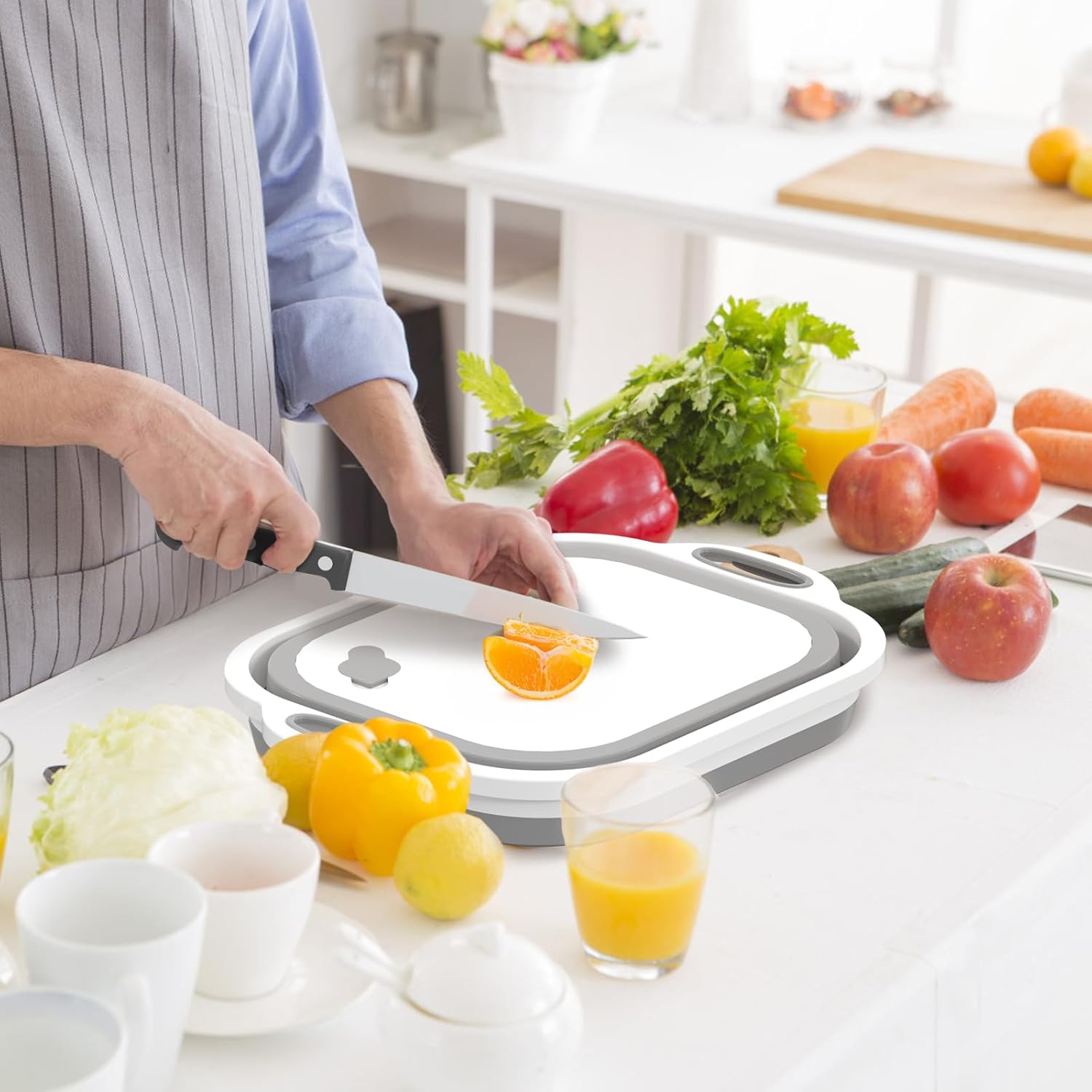 Collapsible Cutting Board, Foldable Camping Dishes Sink Space Saving 3 in 1 Multifunction Storage Basket for BBQ Prep/Picnic/Camping (Grey)