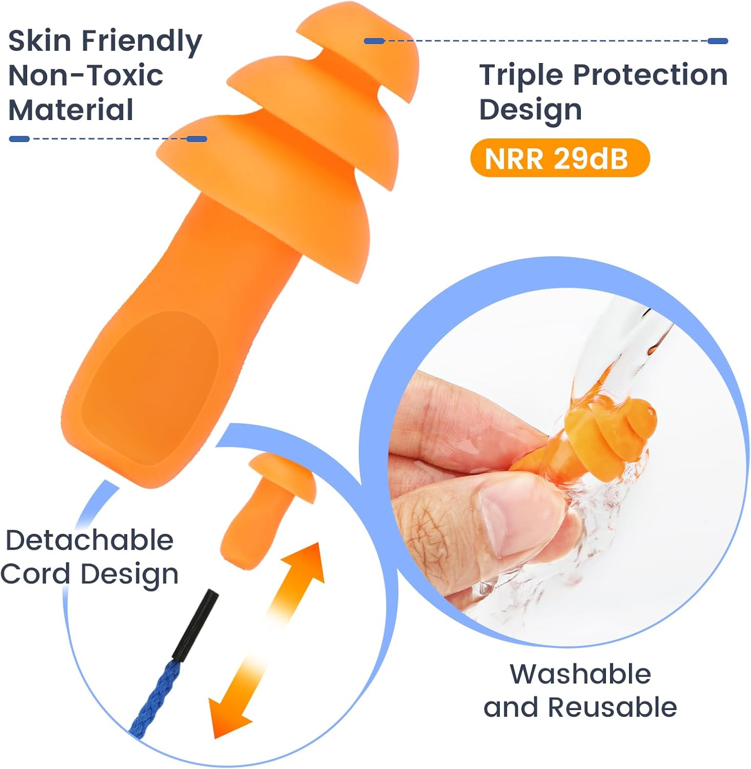 10 Pairs Silicone Ear Plugs, Reusable Earplugs for Noise Reduction, Corded EarPlug for Sleeping Noise Cancelling, Ear Plug with String Individual Packing