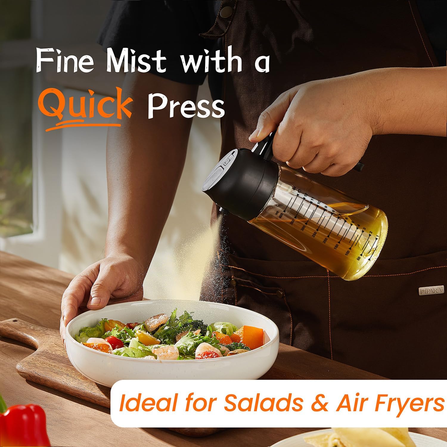 470ml Glass Olive Oil Sprayer for Cooking – 2 in 1 Olive Oil Dispenser Bottle for Kitchen Gadgets and Air Fryer Accessories, Salad, BBQ - Black