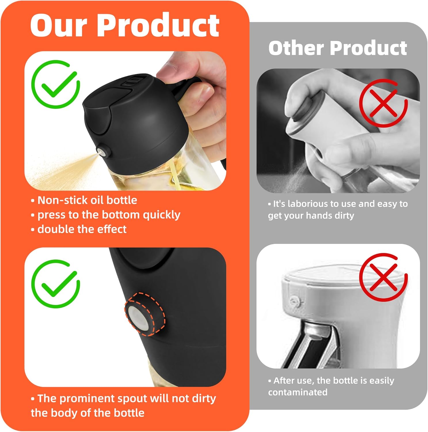 470ml Glass Olive Oil Sprayer for Cooking – 2 in 1 Olive Oil Dispenser Bottle for Kitchen Gadgets and Air Fryer Accessories, Salad, BBQ - Black
