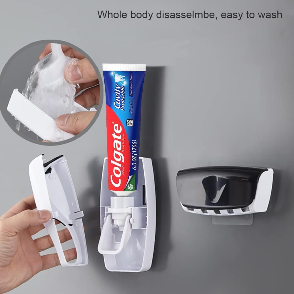 Automatic Toothbrush Dispenser Wall Mount Toothpaste Squeezer and Toothbrush Holder Set for Kids Family Bathroom Use (Black)