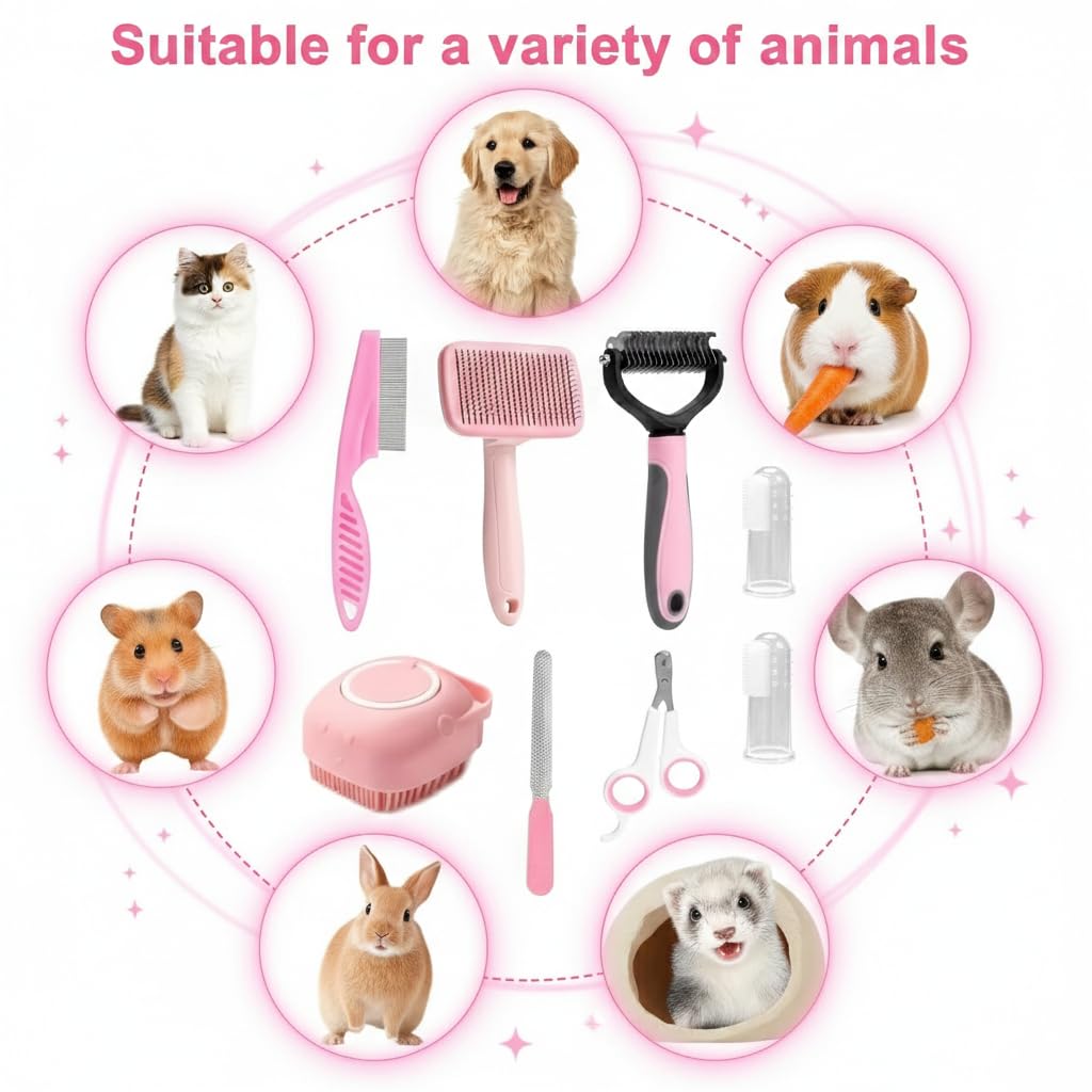 8-Piece Dog Grooming Kit – Pink | Pet Brush Set for Shedding, Dematting, Nail Clipping & Bathing | Ideal for Small & Medium Dogs