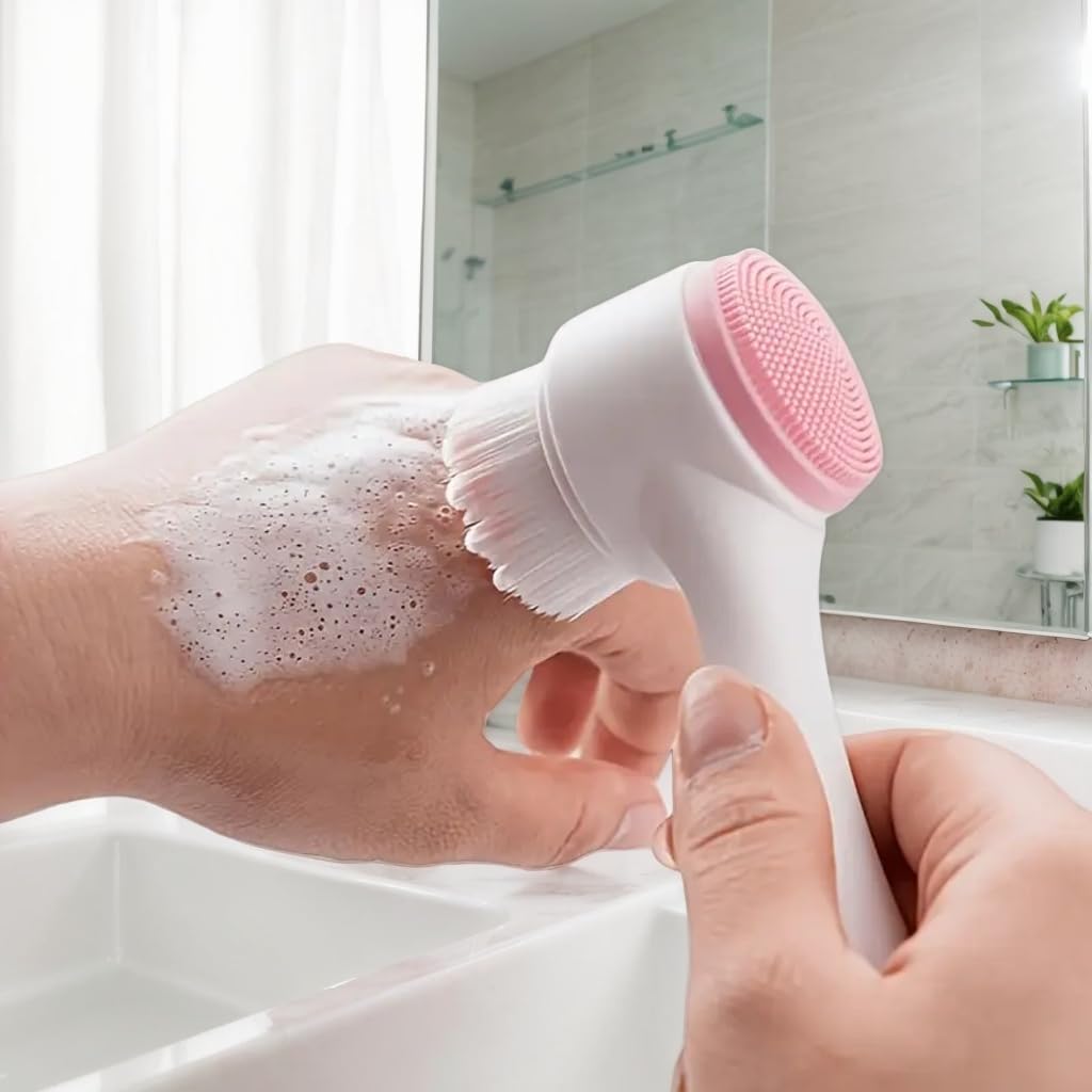 Dual-Action Facial Cleansing Brush (Pink), Superfine Soft Bristles Deep Clean Pores, Removes Oil, Dirt, Long-Wear Makeup + Sunscreen, Water-Resistant for Shower Use
