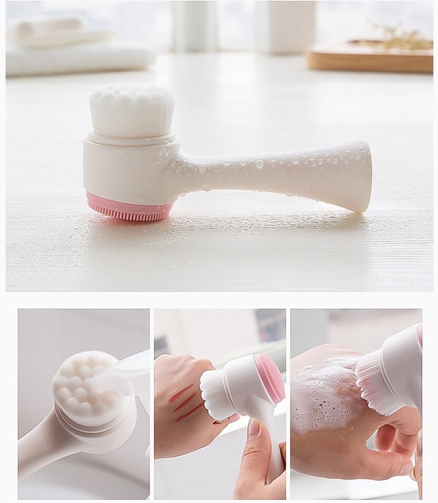 Dual-Action Facial Cleansing Brush (Pink), Superfine Soft Bristles Deep Clean Pores, Removes Oil, Dirt, Long-Wear Makeup + Sunscreen, Water-Resistant for Shower Use