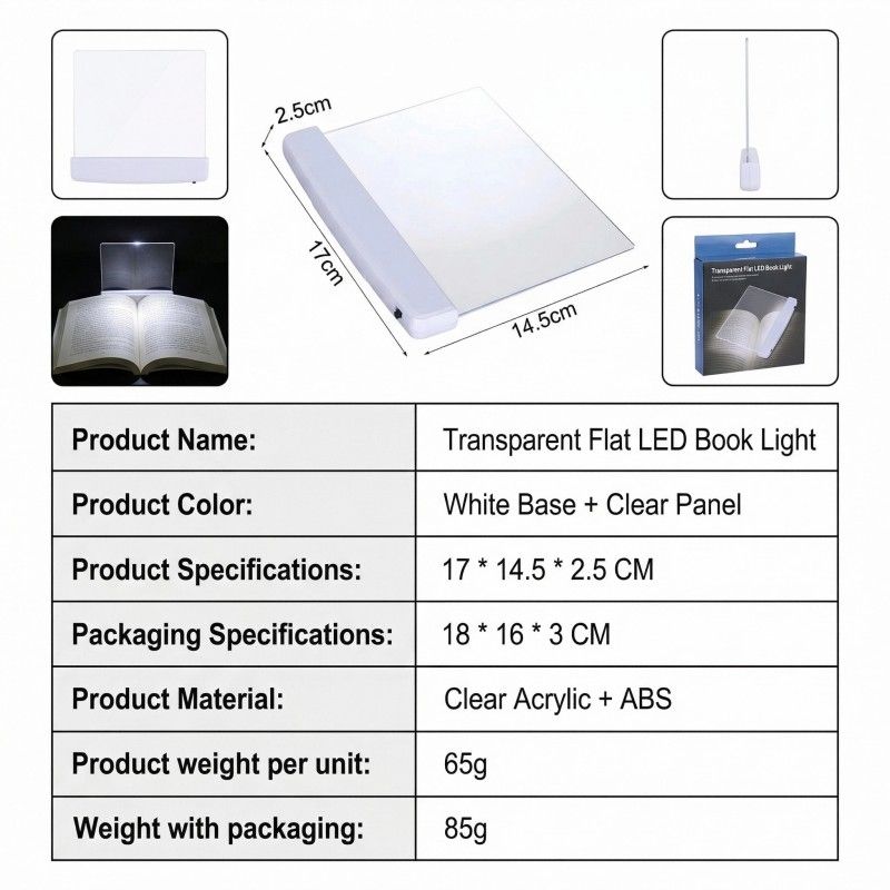 Flat Book Light Page Book Light for Reading in Bed at Night Clear LED Book Full Page Light Illuminator Panel Plate Lamp Board Wireless (White)