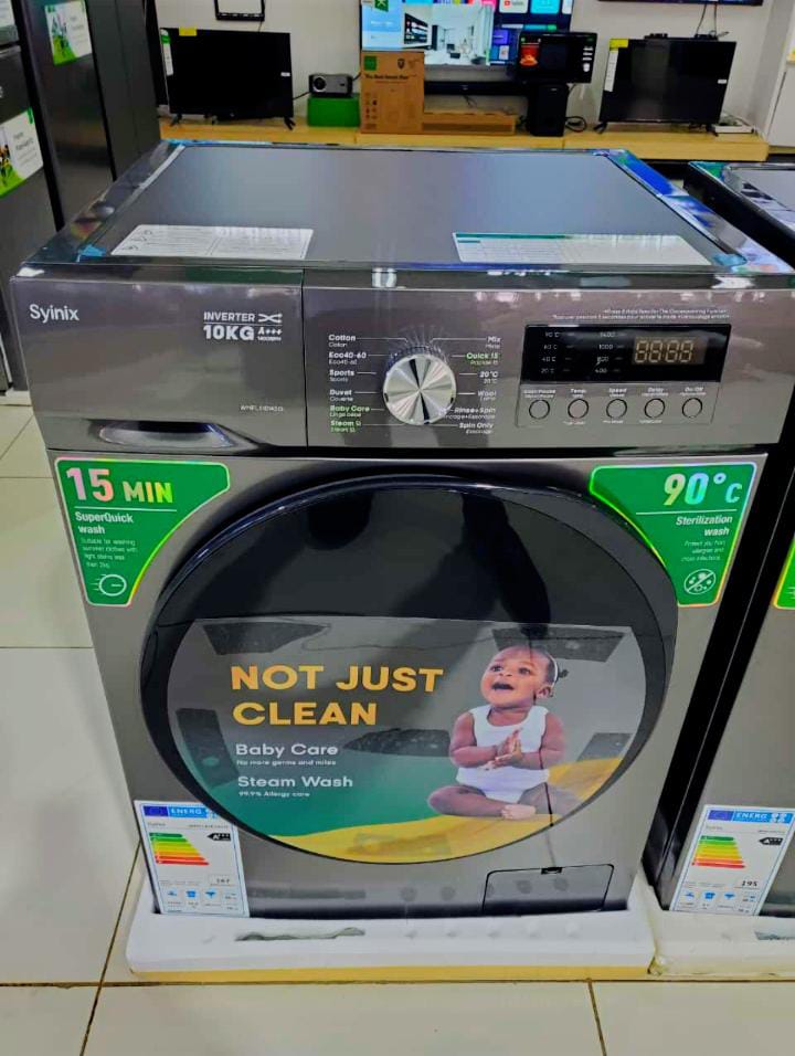 🧺 Syinix 10kg Inverter Front Load Washer – Steam Wash, Baby Care, 90°C Sterilization, SuperQuick 15-min Wash