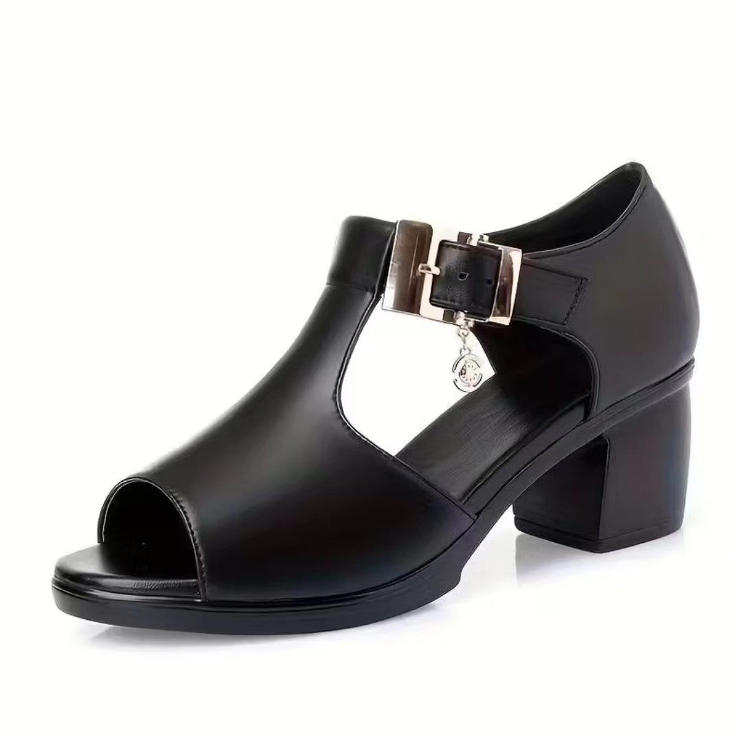 Women's Black Chunky Heel Sandals | Leather Office & Casual Ladies' Shoes | Comfortable Block Heel Open-Toe Footwear