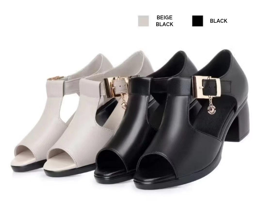 Women's Black Chunky Heel Sandals | Leather Office & Casual Ladies' Shoes | Comfortable Block Heel Open-Toe Footwear