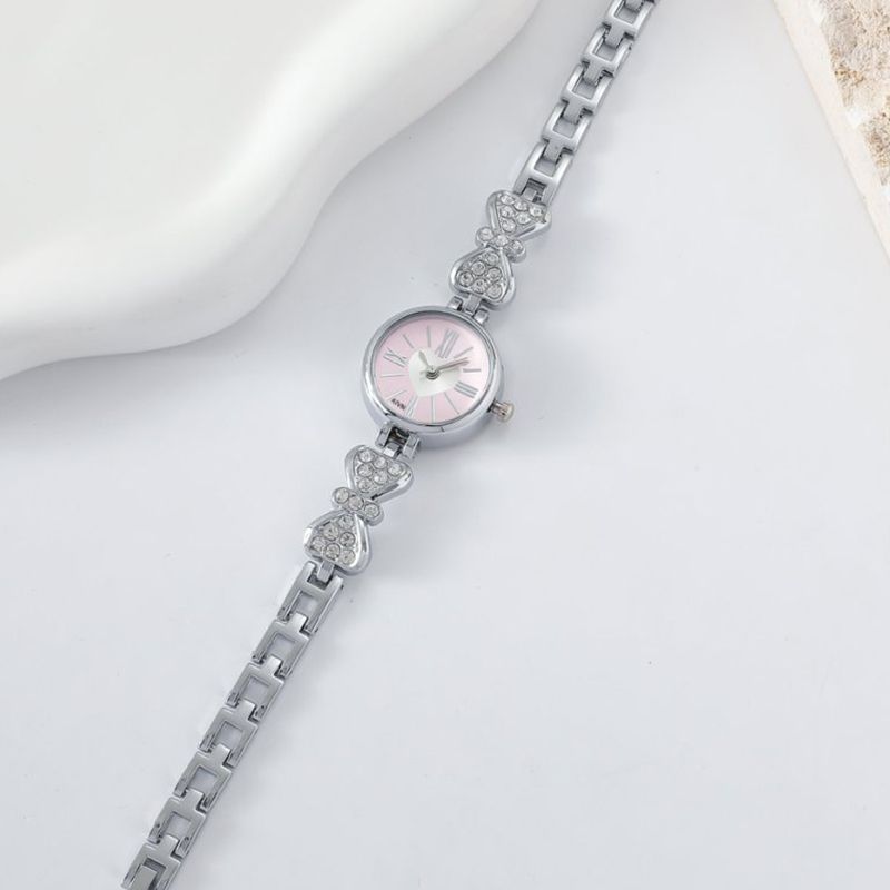Pink Little Peach Heart Silver Watch Cute and Exquisite Luxury Women's Watch Student Love Bow Inlaid Diamond Strap Watch Bestseller Women's Watch Elegant Commuter Watch