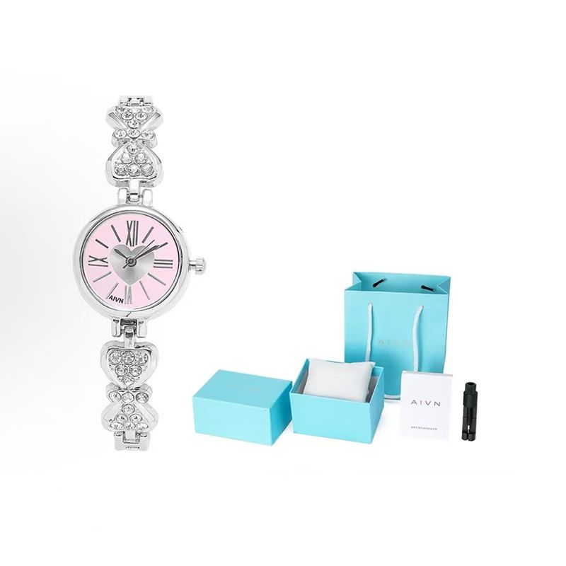 Pink Little Peach Heart Silver Watch Cute and Exquisite Luxury Women's Watch Student Love Bow Inlaid Diamond Strap Watch Bestseller Women's Watch Elegant Commuter Watch