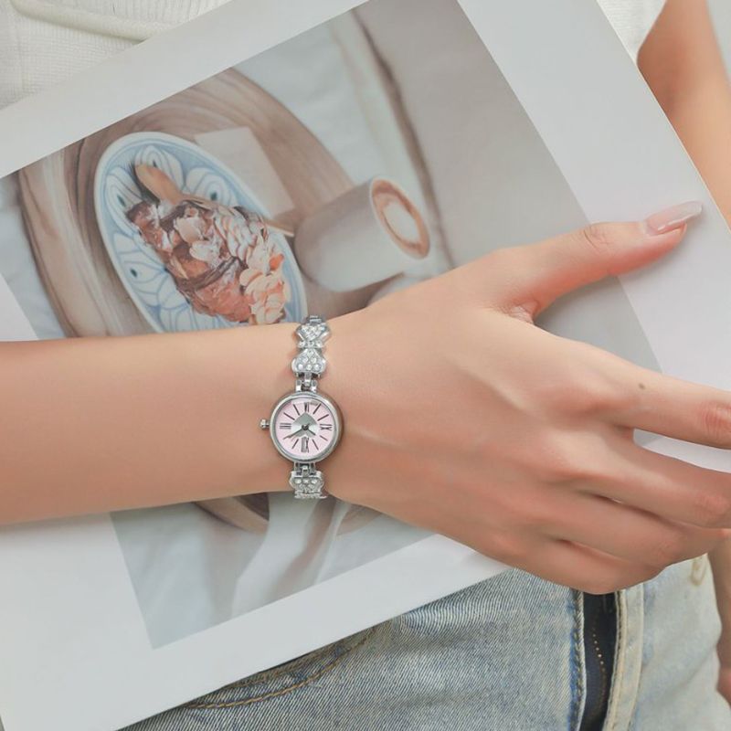 Pink Little Peach Heart Silver Watch Cute and Exquisite Luxury Women's Watch Student Love Bow Inlaid Diamond Strap Watch Bestseller Women's Watch Elegant Commuter Watch