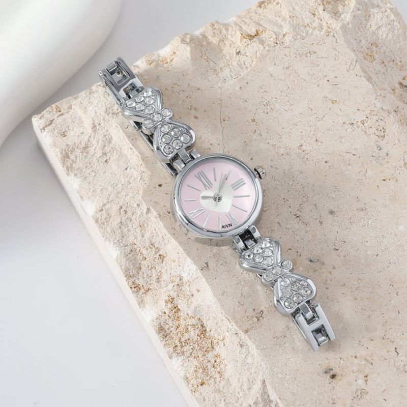 Pink Little Peach Heart Silver Watch Cute and Exquisite Luxury Women's Watch Student Love Bow Inlaid Diamond Strap Watch Bestseller Women's Watch Elegant Commuter Watch