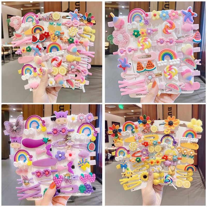 42Pcs/Set Shiny Candy Color Hair Clip Fashion Girl Hair Accessories Flower Fruit Rainbow Cute Animal Hair Clip Set Headwear Anti slip Metal Button Suitable for Girls, Children, Adults Hair Clip