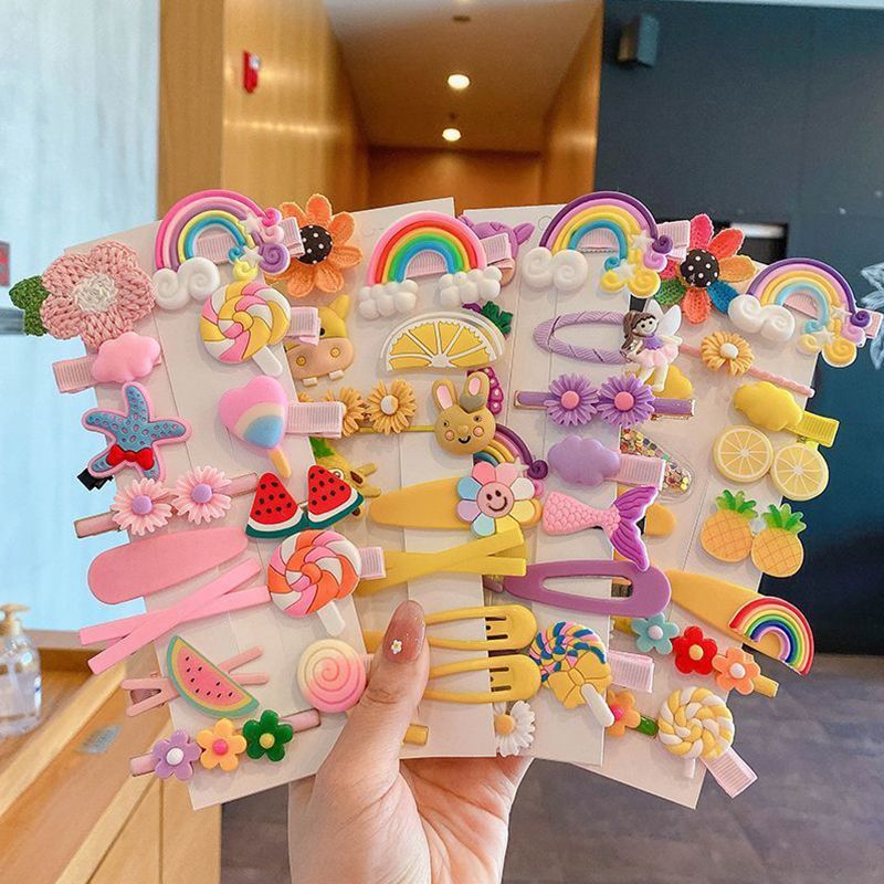 42Pcs/Set Shiny Candy Color Hair Clip Fashion Girl Hair Accessories Flower Fruit Rainbow Cute Animal Hair Clip Set Headwear Anti slip Metal Button Suitable for Girls, Children, Adults Hair Clip