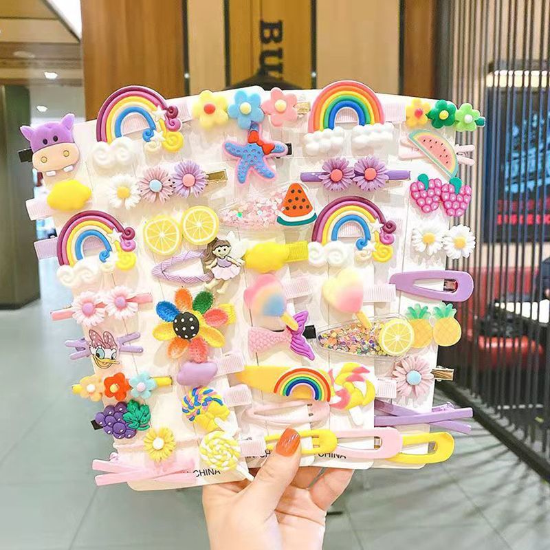 42Pcs/Set Shiny Candy Color Hair Clip Fashion Girl Hair Accessories Flower Fruit Rainbow Cute Animal Hair Clip Set Headwear Anti slip Metal Button Suitable for Girls, Children, Adults Hair Clip
