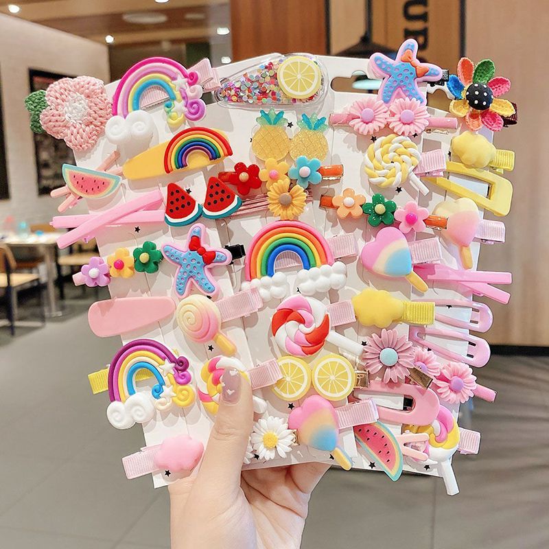 42Pcs/Set Shiny Candy Color Hair Clip Fashion Girl Hair Accessories Flower Fruit Rainbow Cute Animal Hair Clip Set Headwear Anti slip Metal Button Suitable for Girls, Children, Adults Hair Clip