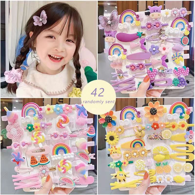 42Pcs/Set Shiny Candy Color Hair Clip Fashion Girl Hair Accessories Flower Fruit Rainbow Cute Animal Hair Clip Set Headwear Anti slip Metal Button Suitable for Girls, Children, Adults Hair Clip