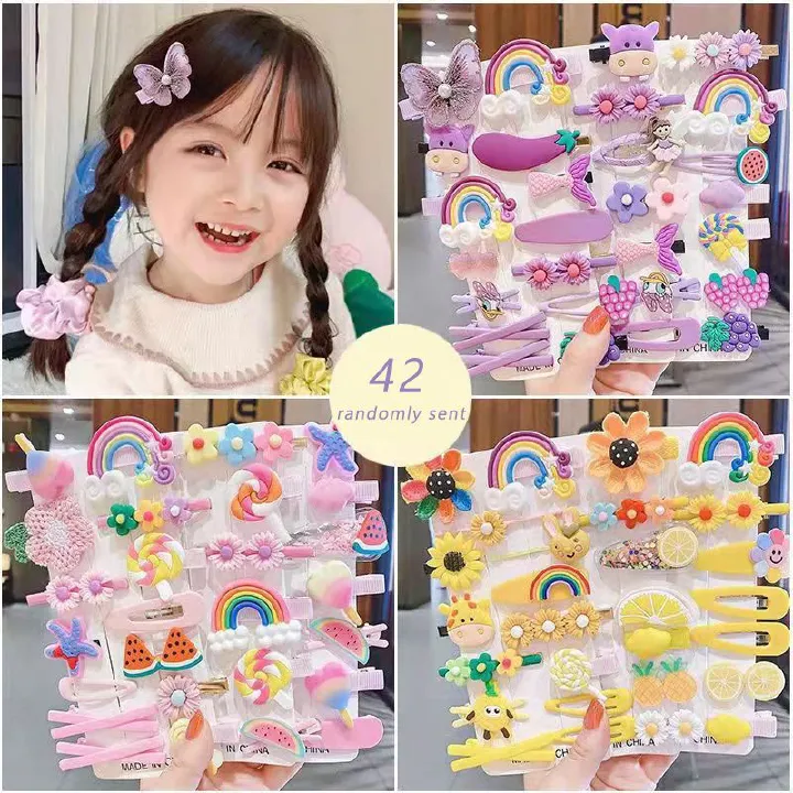 42Pcs/Set Shiny Candy Color Hair Clip Fashion Girl Hair Accessories Flower Fruit Rainbow Cute Animal Hair Clip Set Headwear Anti slip Metal Button Suitable for Girls, Children, Adults Hair Clip