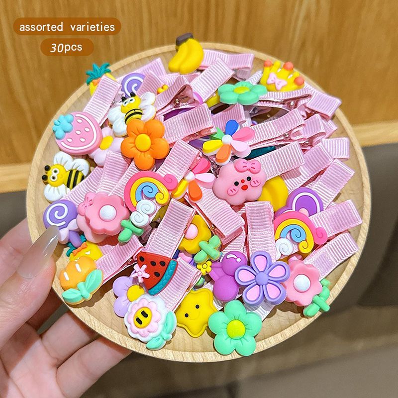 30pcs/set new hair accessories cute hair clips for girls, flower fruit rainbow candy dessert animal hair clip set, anti slip suitable for girls and children, colorful mix and match headwear