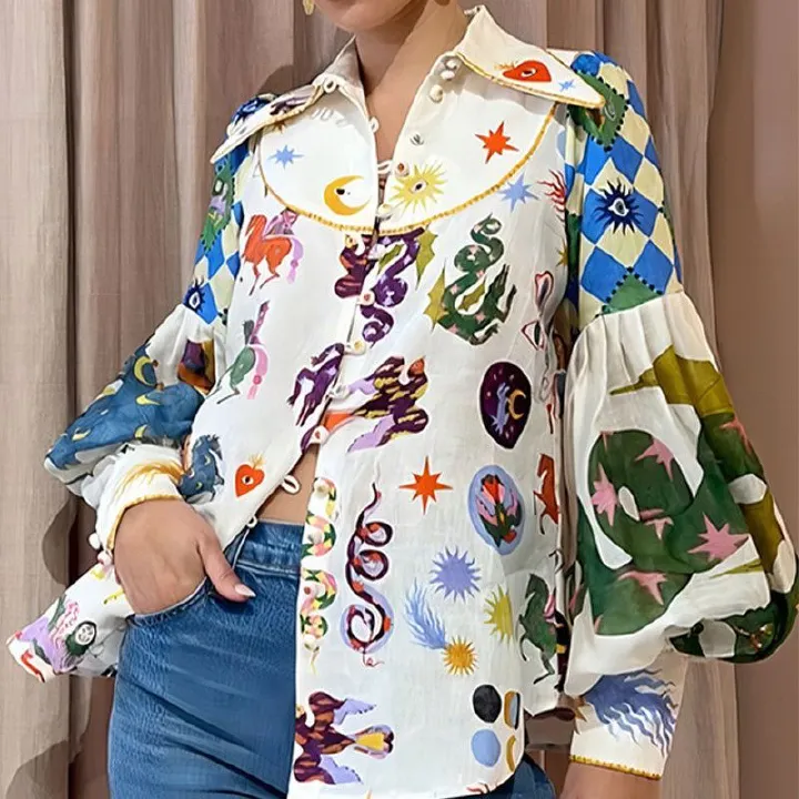 Spring & Autumn 2025 African European American Women's shirt - Amazonian loose Graffiti-printed Collarless Long-sleeved  Cardigan Shirt Women Printing Technique Popular Painted Elements Elegant Style