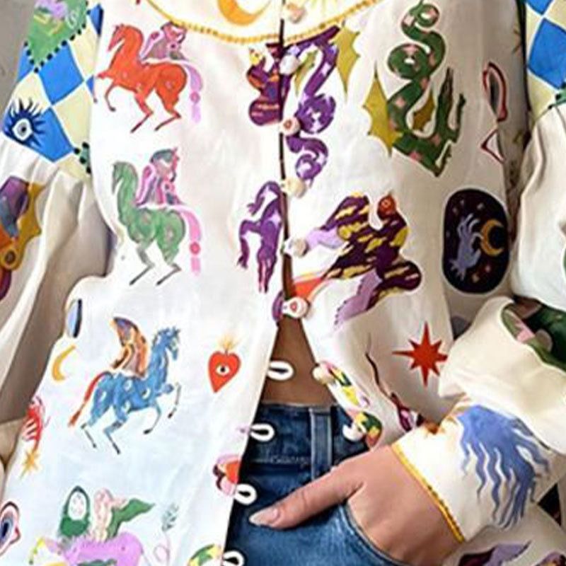 Spring & Autumn 2025 African European American Women's shirt - Amazonian loose Graffiti-printed Collarless Long-sleeved  Cardigan Shirt Women Printing Technique Popular Painted Elements Elegant Style