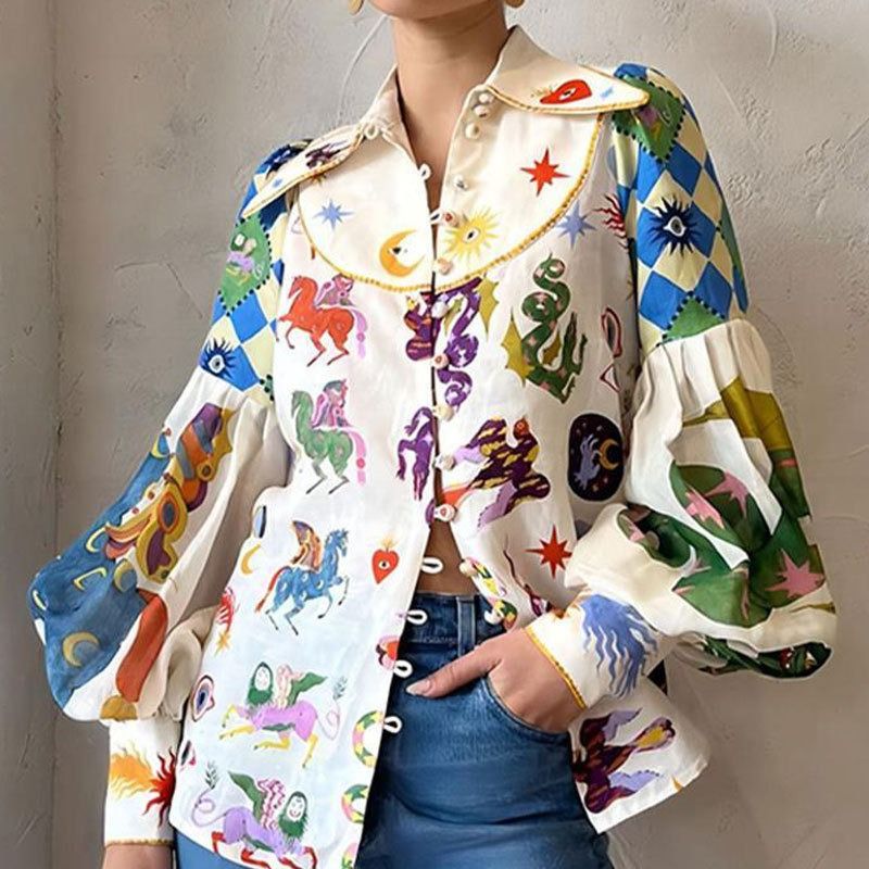 Spring & Autumn 2025 African European American Women's shirt - Amazonian loose Graffiti-printed Collarless Long-sleeved  Cardigan Shirt Women Printing Technique Popular Painted Elements Elegant Style