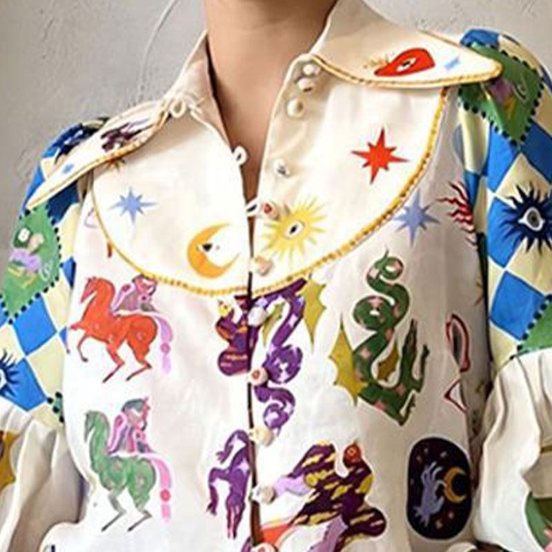 Spring & Autumn 2025 African European American Women's shirt - Amazonian loose Graffiti-printed Collarless Long-sleeved  Cardigan Shirt Women Printing Technique Popular Painted Elements Elegant Style