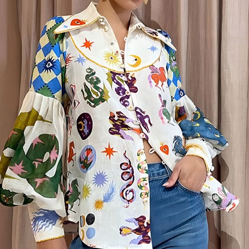 Spring & Autumn 2025 African European American Women's shirt - Amazonian loose Graffiti-printed Collarless Long-sleeved  Cardigan Shirt Women Printing Technique Popular Painted Elements Elegant Style