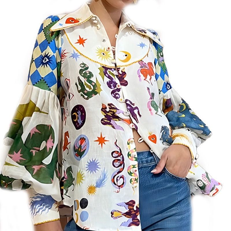 Spring & Autumn 2025 African European American Women's shirt - Amazonian loose Graffiti-printed Collarless Long-sleeved  Cardigan Shirt Women Printing Technique Popular Painted Elements Elegant Style