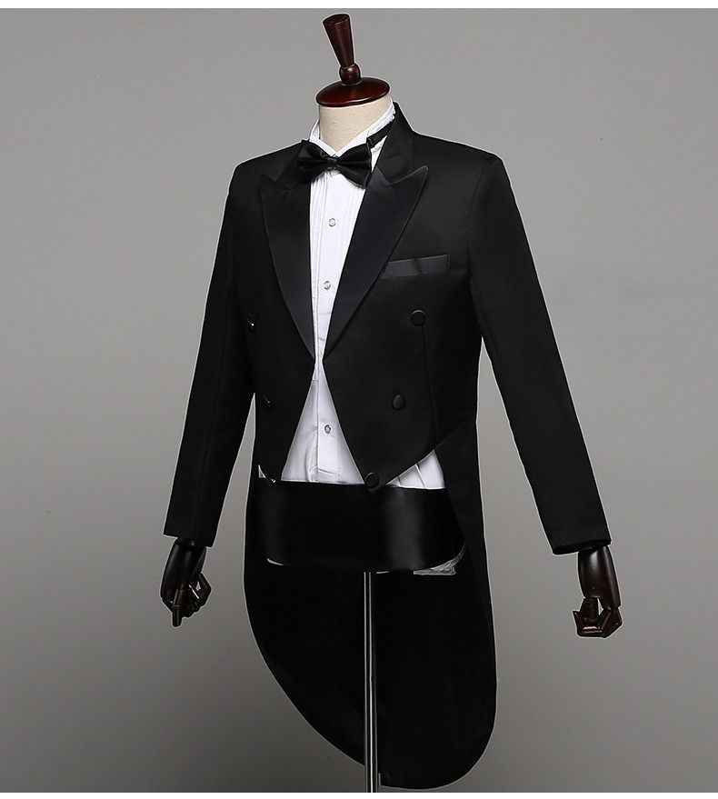 2025 African Men's Formal Suits Black Tailcoats Christmas Costumes Magic Performance Outfits Jazz Formal Wear Dance Competition Double Row Three-button Top+Trousers+Waistband+Bow Tie 4-Piece Set