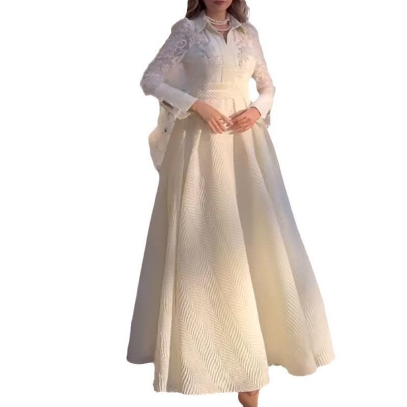 2025 New Style African European  American White Front Corsage Lace Chiffon Vintage-style Long-sleeved Fashionable Slim-fit Evening Dress Featuring 3D Pattern Elements Elegant Stylish Style
