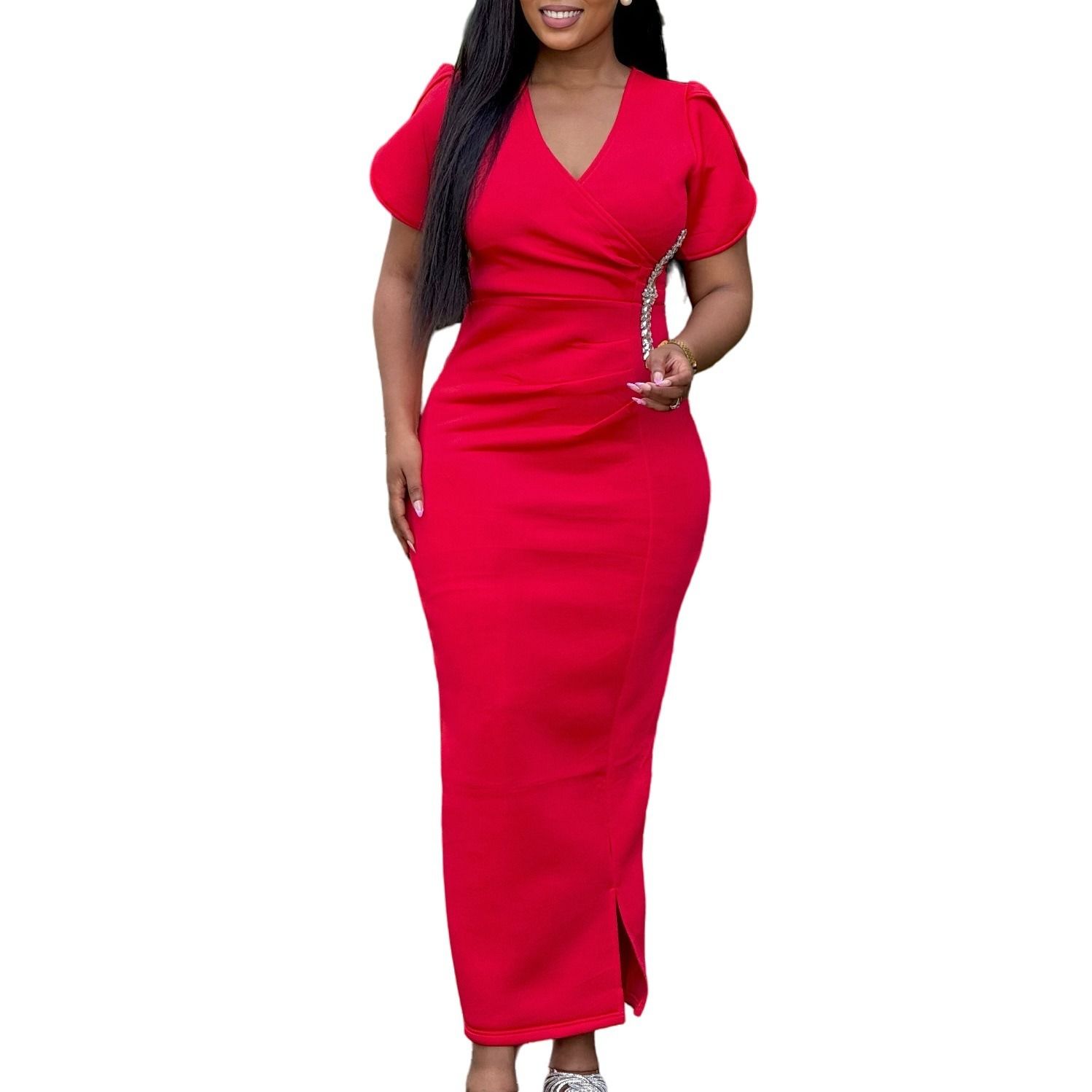 2025 African European American D579 Women's New Fashion Style Elegant V-Neck Evening Gown Beaded Dress Solid Pattern
Beaded Craftsmanship Trendy Ruffled Elements Elegant Style