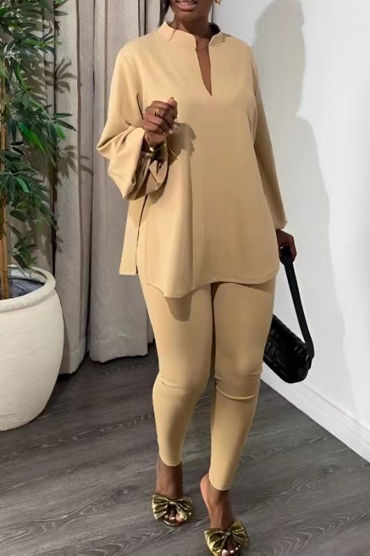 2025 Spring/Summer African European American Knit Suit Pants New Style Slits V-neck Tops Tight Pants Fashionable elegant Two-Piece set Elastic Technology Trendy Slit Design Comfortable Casual Style