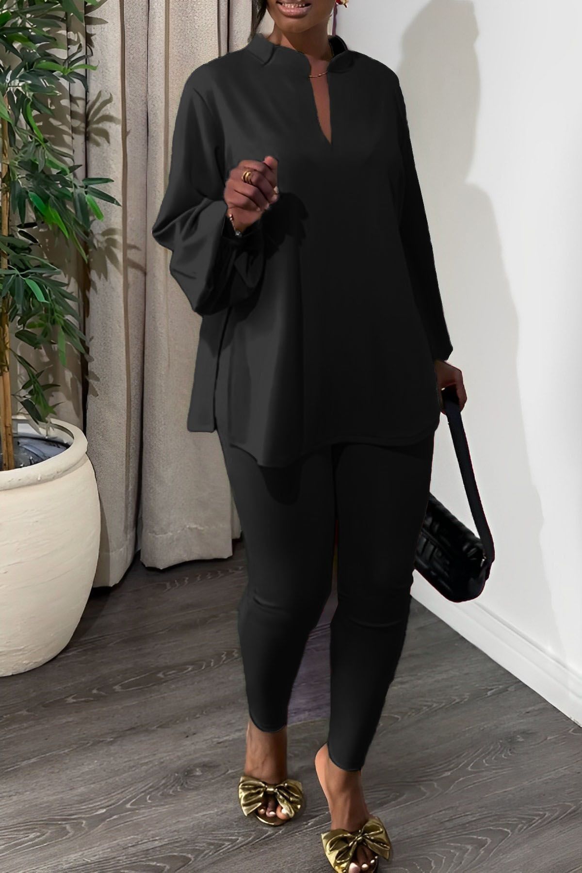 2025 Spring/Summer African European American Knit Suit Pants New Style Slits V-neck Tops Tight Pants Fashionable elegant Two-Piece set Elastic Technology Trendy Slit Design Comfortable Casual Style