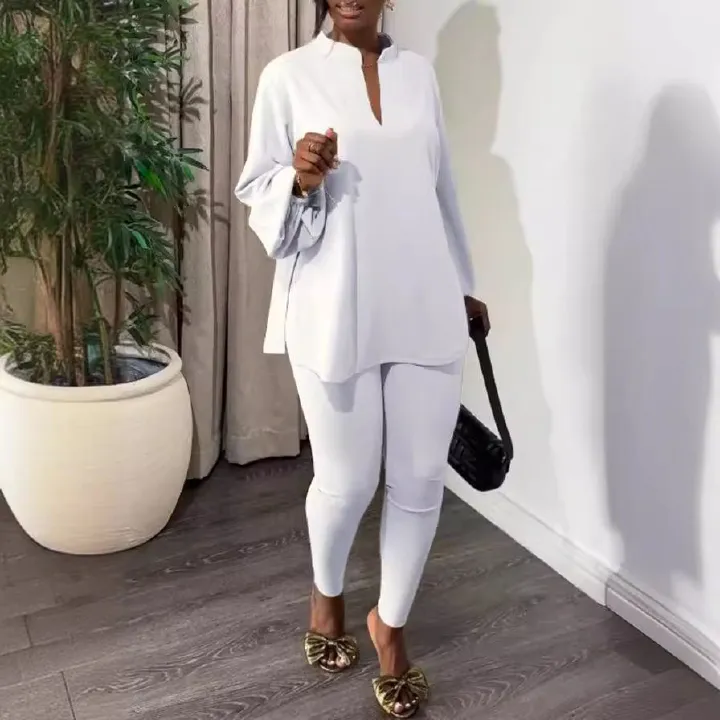 2025 Spring/Summer African European American Knit Suit Pants New Style Slits V-neck Tops Tight Pants Fashionable elegant Two-Piece set Elastic Technology Trendy Slit Design Comfortable Casual Style