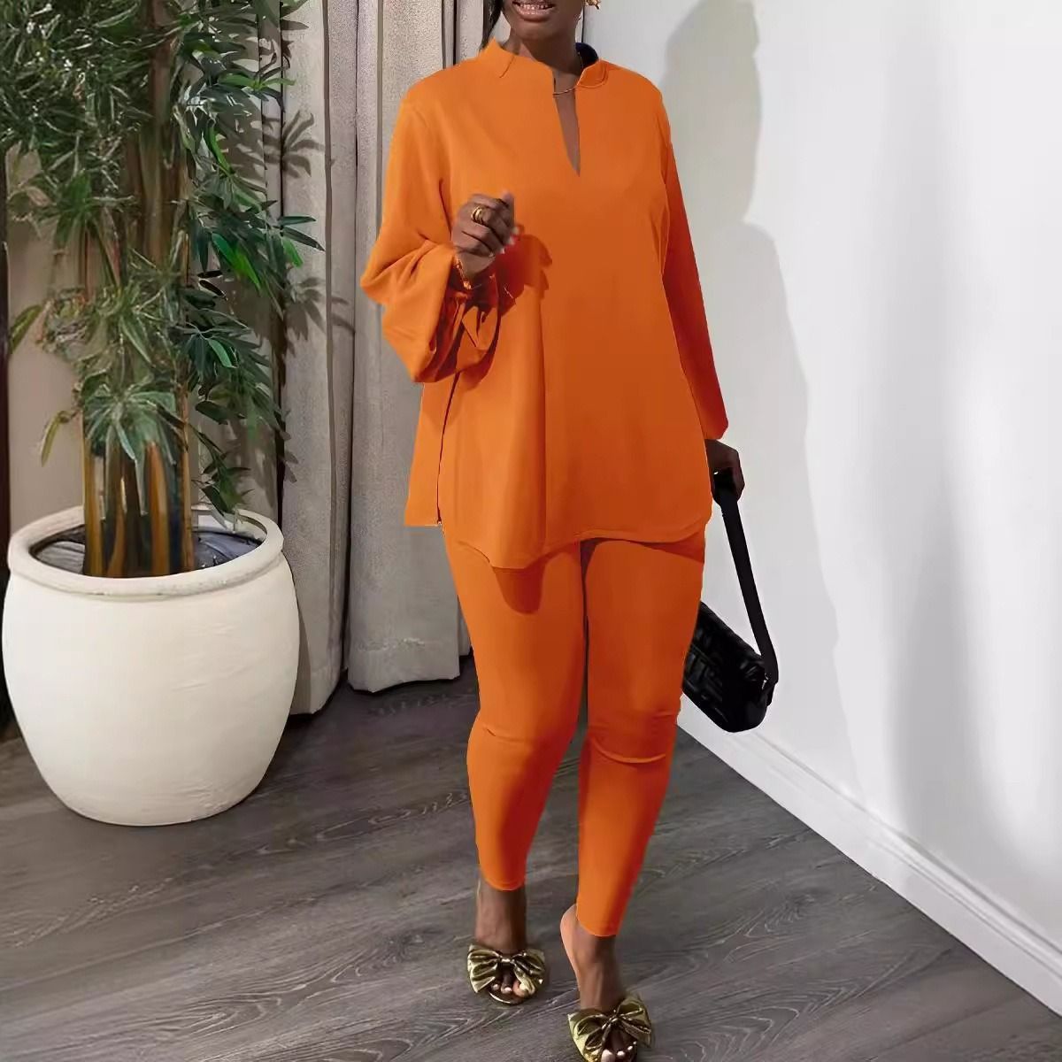 2025 Spring/Summer African European American Knit Suit Pants New Style Slits V-neck Tops Tight Pants Fashionable elegant Two-Piece set Elastic Technology Trendy Slit Design Comfortable Casual Style